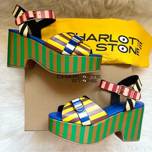 New! CHARLOTTE STONE Raf Chunky Platform Sandals in Stripe Multi - Picture 7 of 16